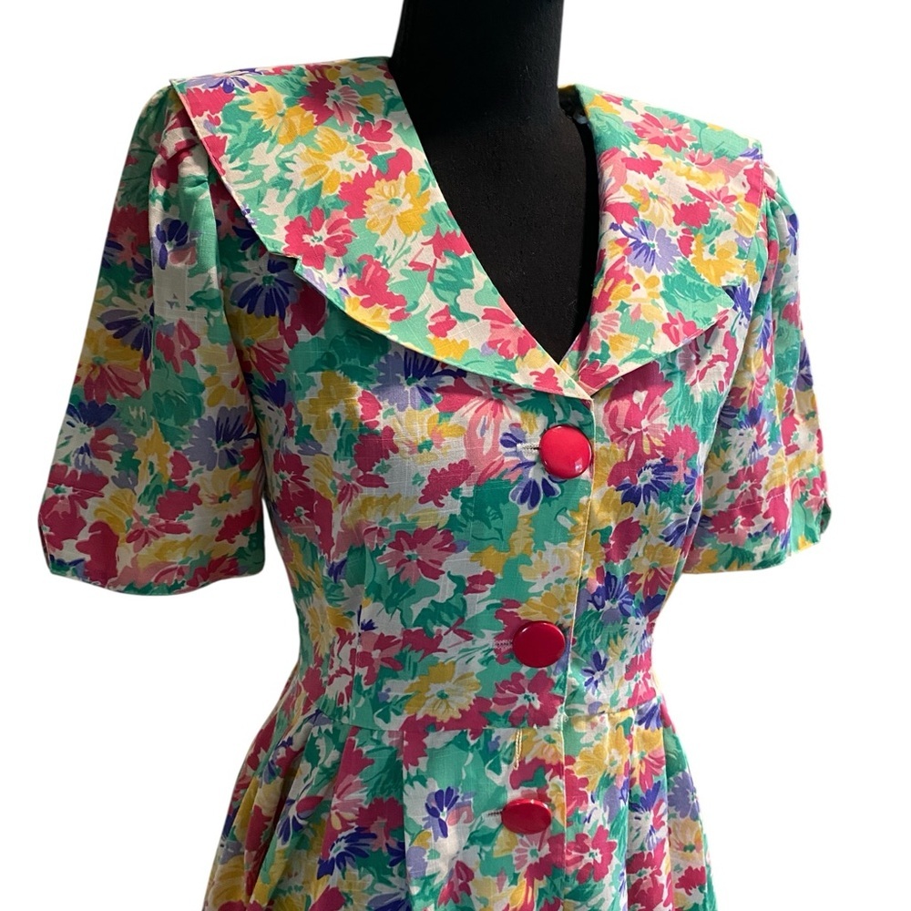 Vintage 80s Floral Button-Front Dress With Sailor Collar Size Small - Picture 3 of 10